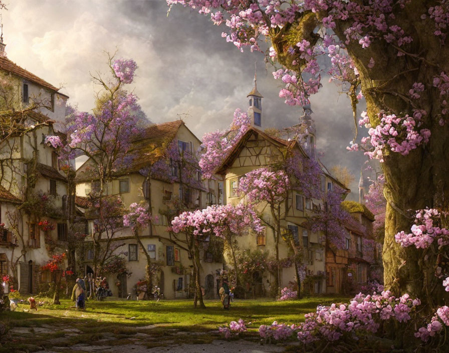 Charming village scene with cherry blossoms and timber-framed houses