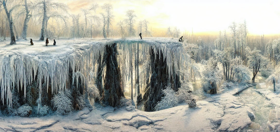 Frozen waterfall with icicles in snowy landscape.