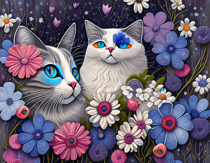 Stylized cats with blue eyes in colorful flower-filled illustration