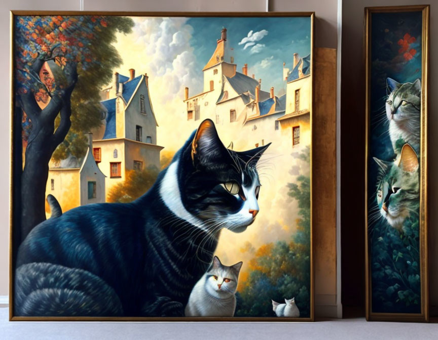 Whimsical painting of oversized black and white cat in village scene