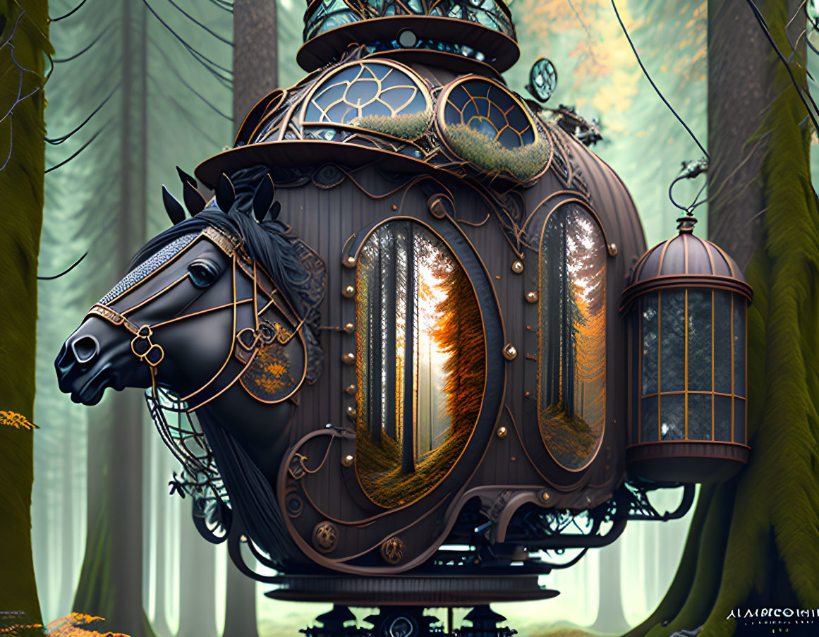 Steampunk-style carriage with mechanical horse in enchanted forest
