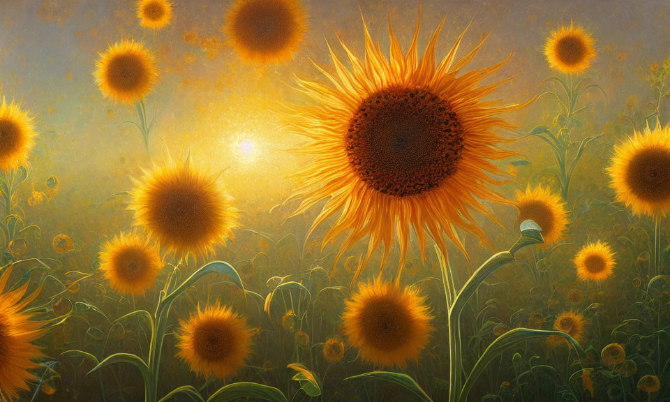 Sunflower field at sunrise with detailed sunflower and golden light