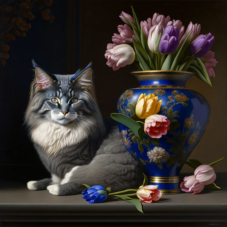 Maine Coon cat beside vibrant tulips and vase on dark background
