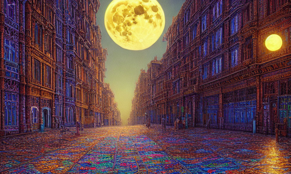 Surreal night streetscape with glowing buildings under moonlit sky