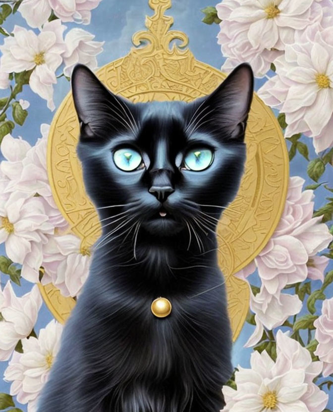 Regal Black Cat with Blue Eyes in Golden Mandala and White Roses