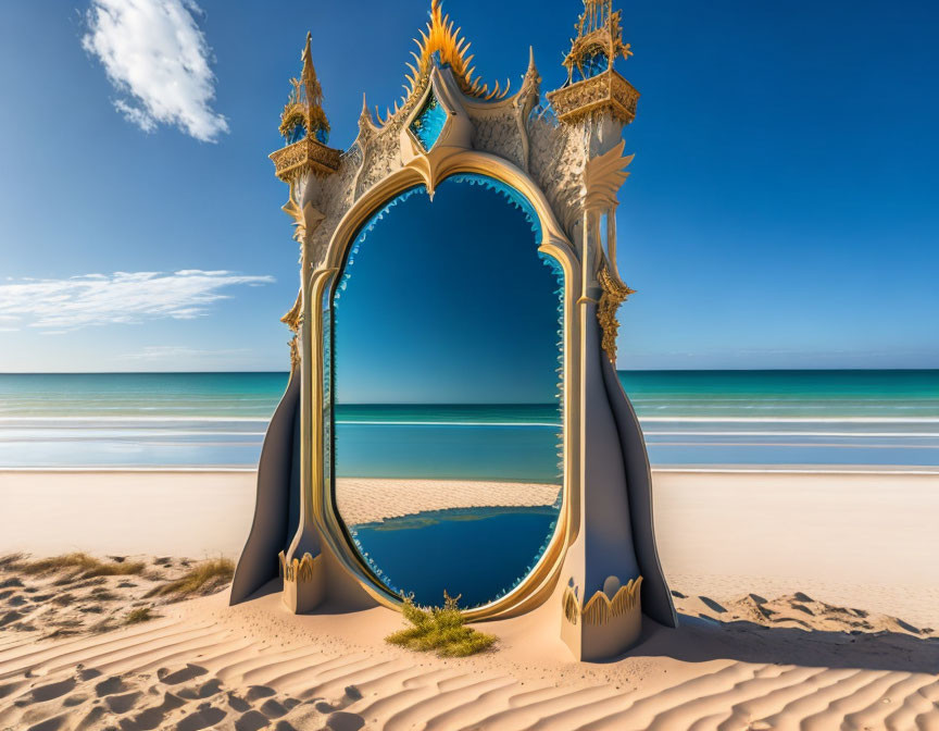 Golden mirror on sandy beach reflects sea and sky.