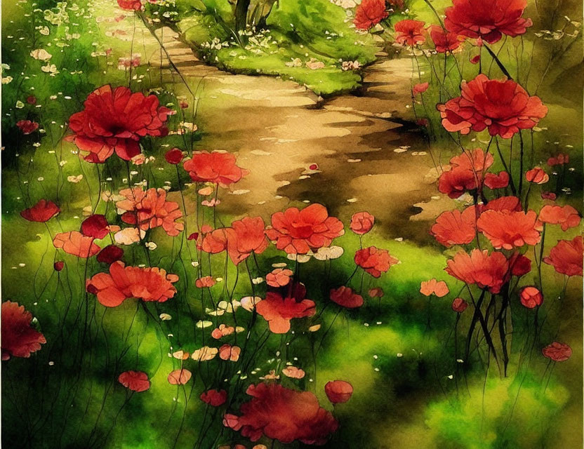 Vibrant red and pink flowers in lush garden path watercolor painting