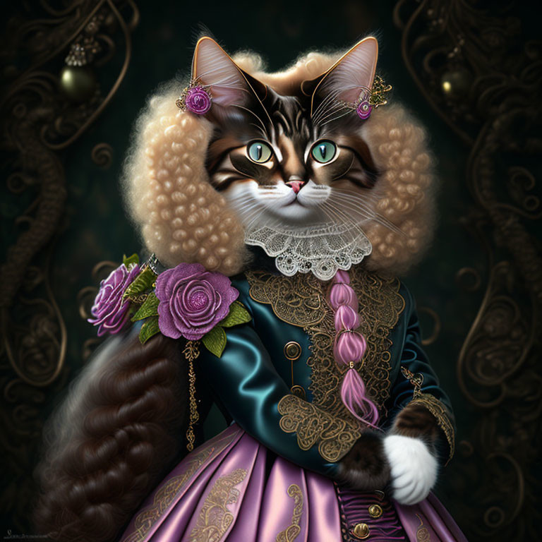 Cat with human-like traits in regal 17th-century attire with lace, flowers, and jewelry