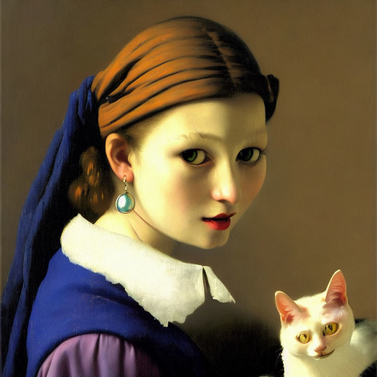 Interpretation of classic painting with girl in striped headscarf and white cat