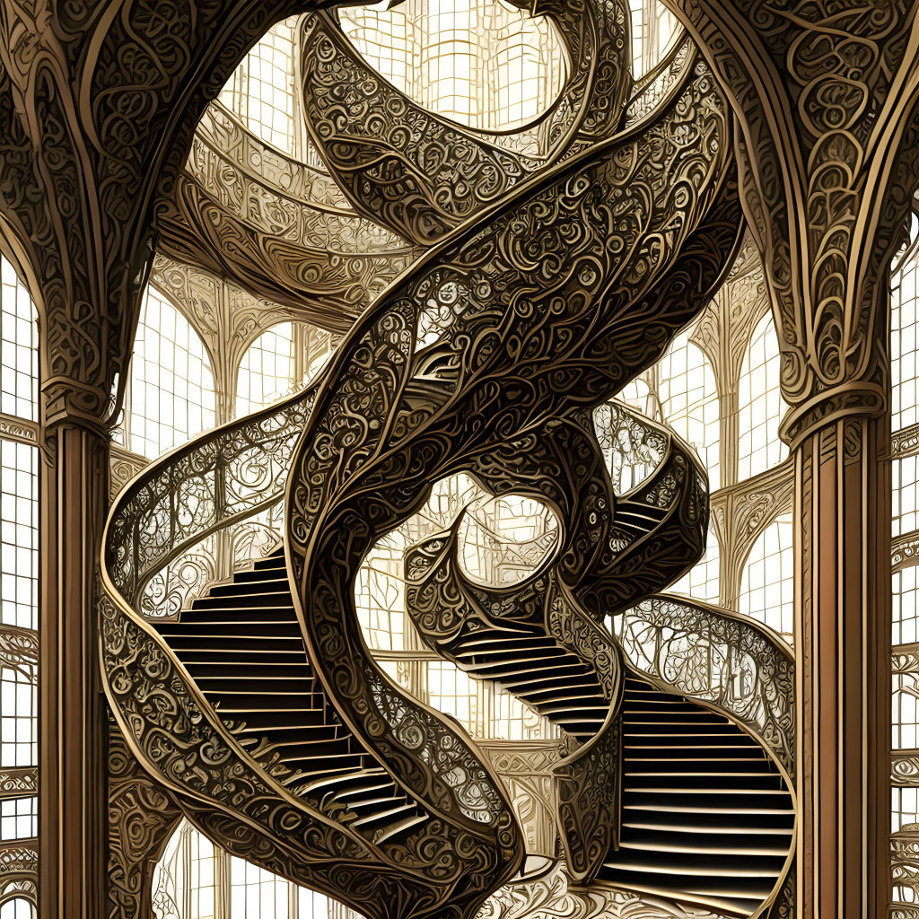 Intricate Swirling Staircase in Grand Hall with Gothic Windows