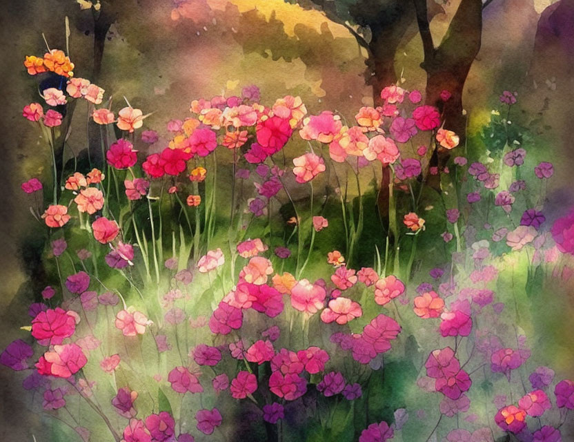 Colorful Watercolor Painting of Lush Garden with Pink and Orange Flowers