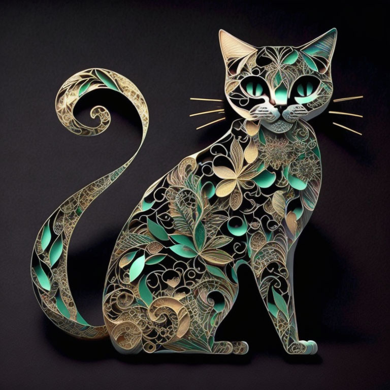 Stylized cat illustration with gold and green floral patterns on dark background