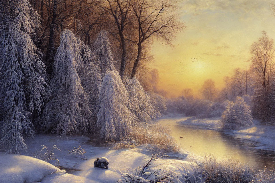 Snow-covered trees, tranquil stream, and warm sunlight in winter landscape