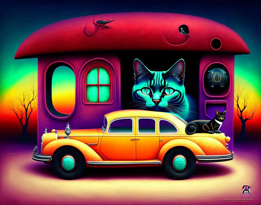 Colorful Illustration of Cat-faced Structure with Yellow Car and Small Cats