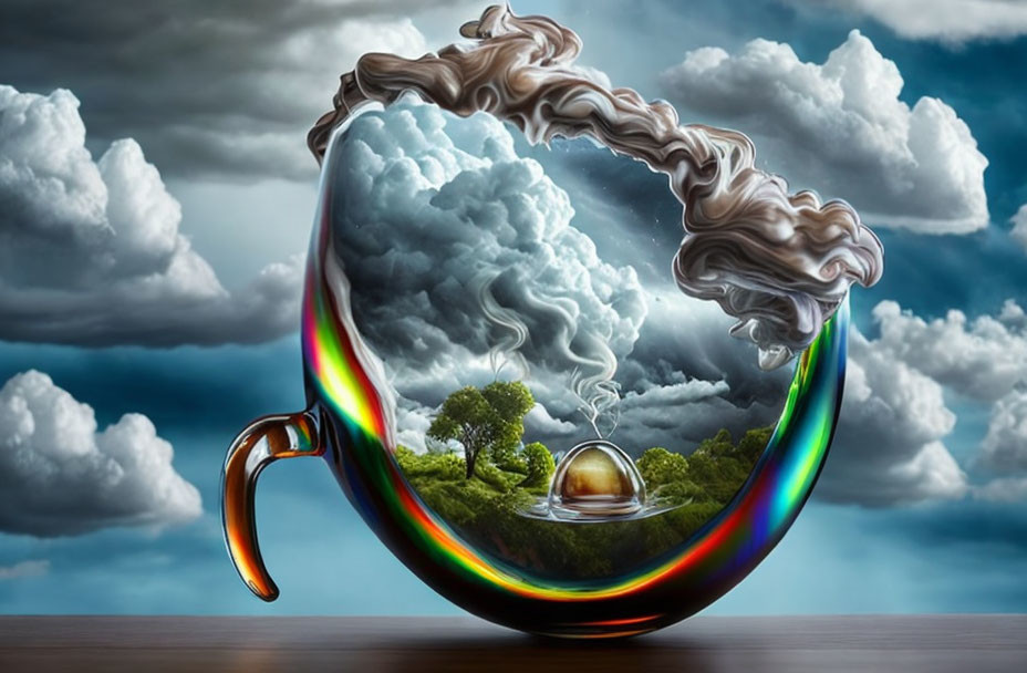 Surreal image of transparent coffee cup with stormy cloud contents and small house inside