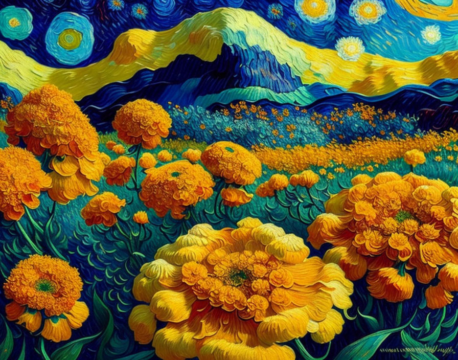 Colorful painting of yellow flowers under a starry sky in Van Gogh style