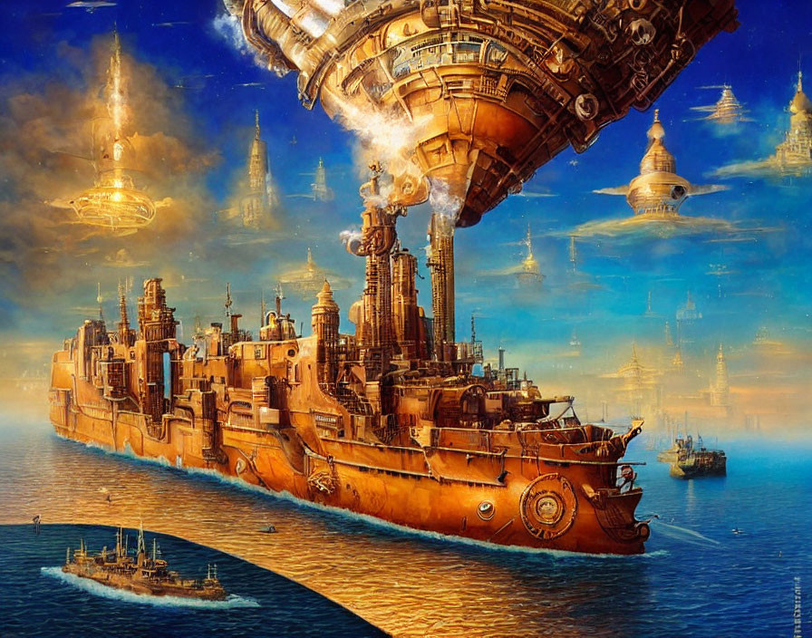 Steampunk-inspired floating city with ship elements in golden sky