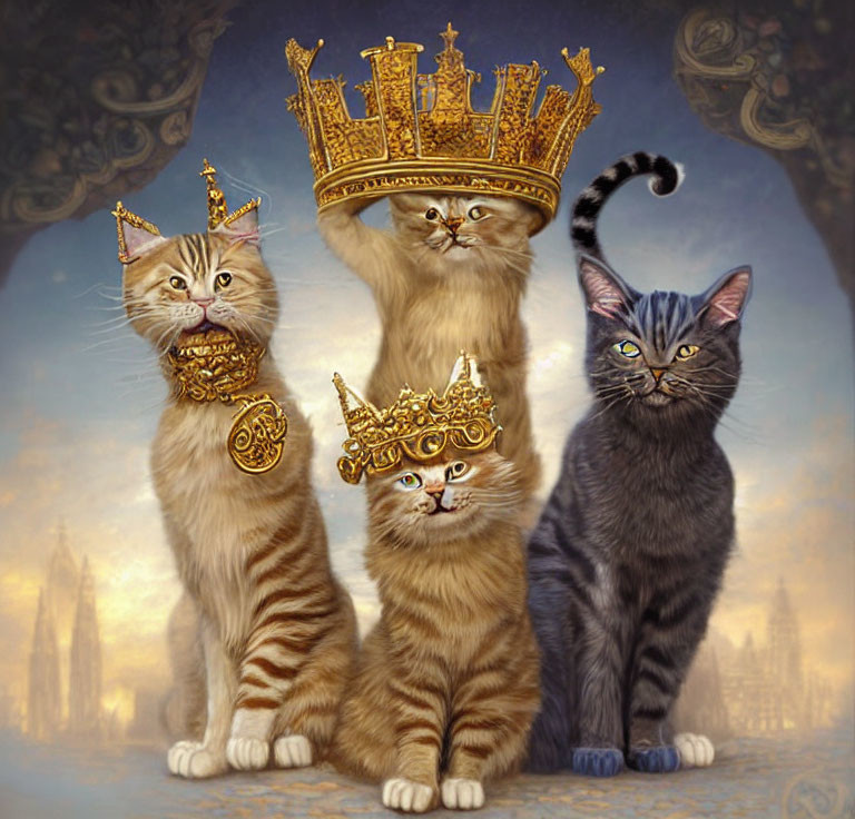 Four regal cats wearing ornate crowns against a backdrop of classical architecture and a golden sky