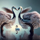Swans creating heart shape with trees on their backs, third swan in background
