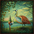 Stylized ornate birds in lush fantastical garden with hanging baubles