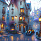 Enchanting fantasy castle with blue and gold designs in twilight landscape