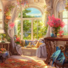 Bright Room with Floral Windows, Garden View, Elegant Furniture