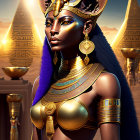 Illustration of woman with feline features in Ancient Egyptian royal attire by pyramids