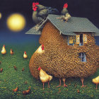 Whimsical artwork of giant chicken with smaller ones in front of stone house