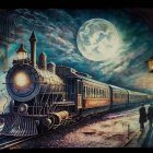 Vintage Train at Moonlit Station with Stars and Lampposts
