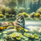 Realistic digital artwork of tabby cat in shallow water with lily pads