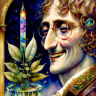 Vibrant psychedelic artwork featuring smiling figure with curly hair, glasses, crystal, leaf, and orn
