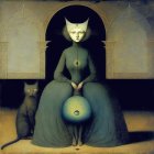 Surreal painting of humanoid figure with cat head in medieval dress holding sphere