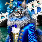 Anthropomorphic cat in blue Venetian costume by Rialto Bridge