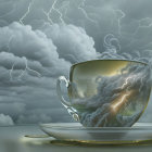 Surreal artwork featuring transparent tea cup under stormy sky