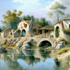 Scenic riverside village with stone houses, bridge, boat, and cloudy sky