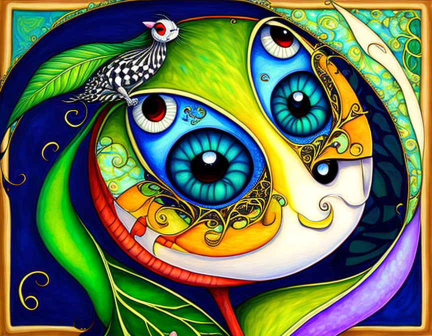 Colorful surreal painting with intricate eyes, smiling moon, and checkerboard bird