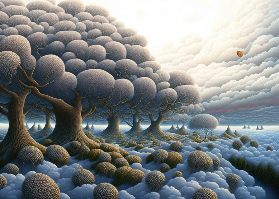 Surreal landscape with oversized tree canopies and hot air balloon