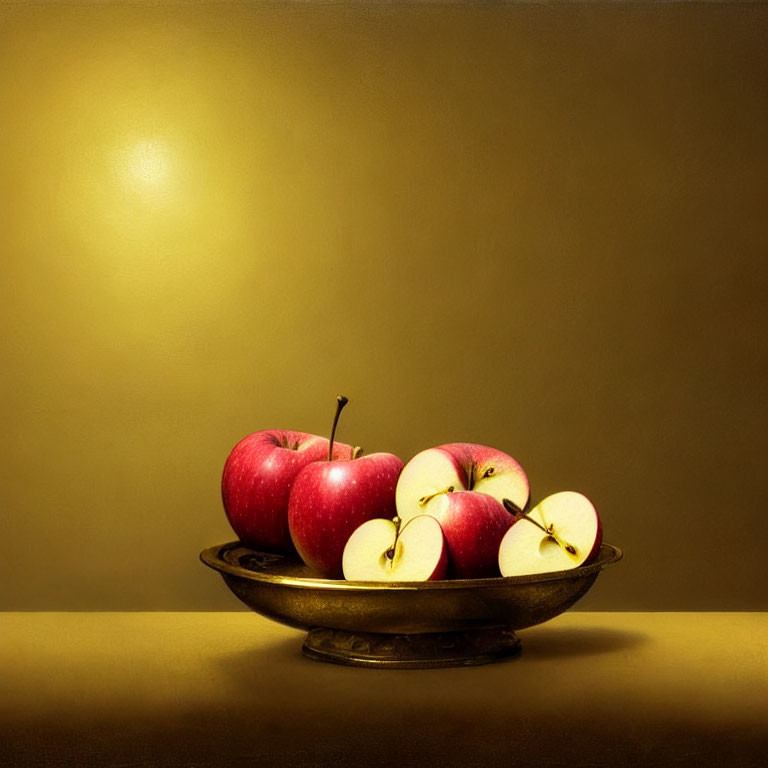 Classic Still Life Painting of Ripe Red Apples in Rustic Bowl