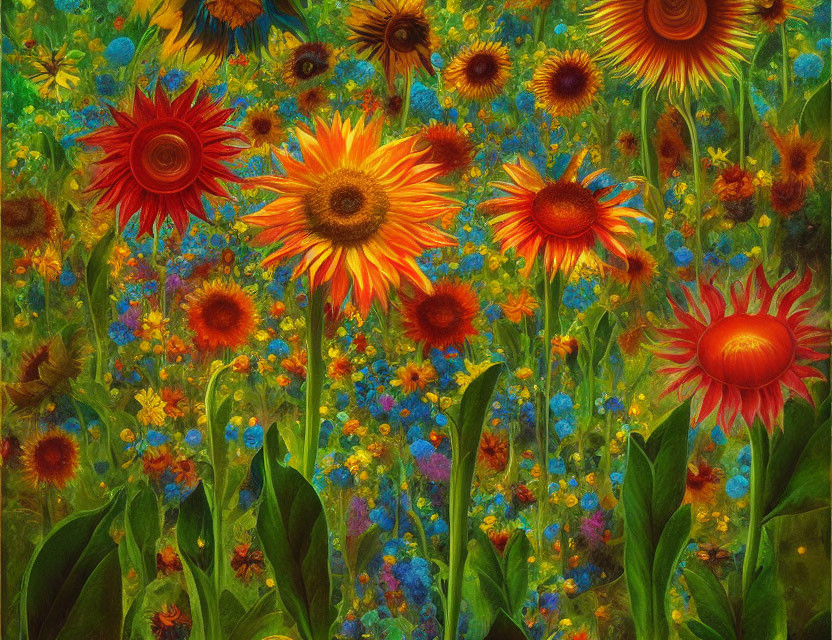 Colorful sunflower field painting with green foliage and red-orange blooms.