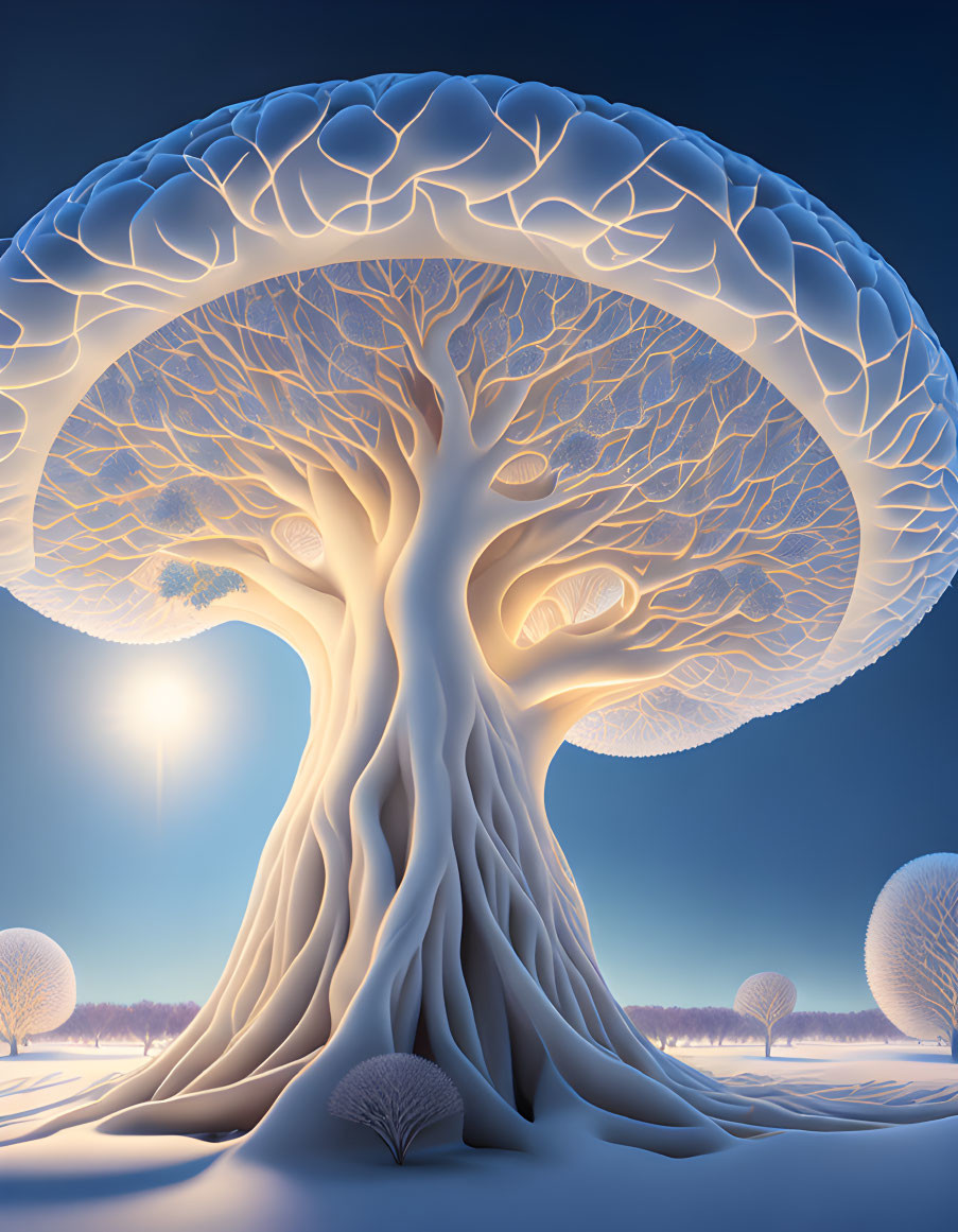 Surreal illustration: tree with brain-like canopy in wintry landscape
