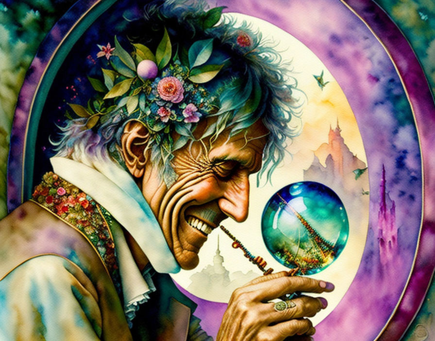 Elderly man with floral wreath gazes into crystal ball with cityscape reflection