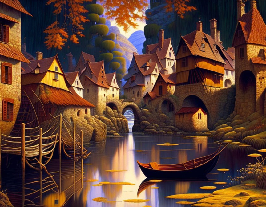 Traditional riverside village with wooden dock, moored boat, and autumn trees reflected in water at dusk