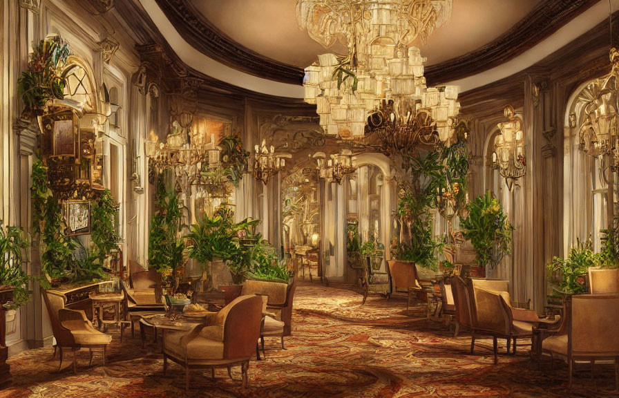 Luxurious Vintage Room with Chandeliers, Ornate Columns, Elegant Furniture, and Plants