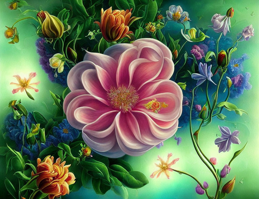Colorful painting of large pink flower amidst blooming foliage
