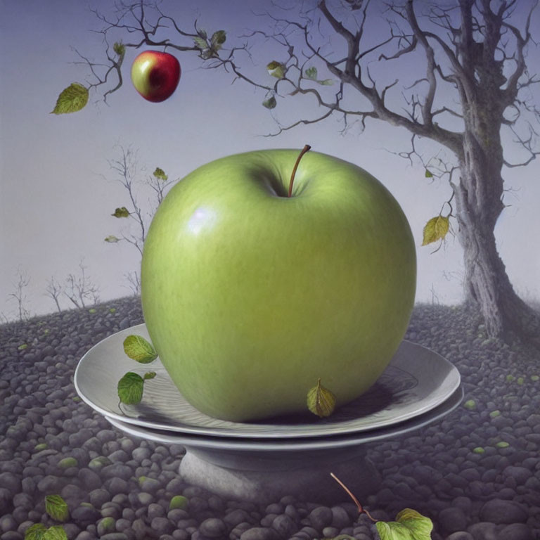 Hyperrealistic Painting of Large Green Apple on Plate with Pebble Surface and Floating Red Apple Tree