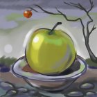 Hyperrealistic Painting of Large Green Apple on Plate with Pebble Surface and Floating Red Apple Tree