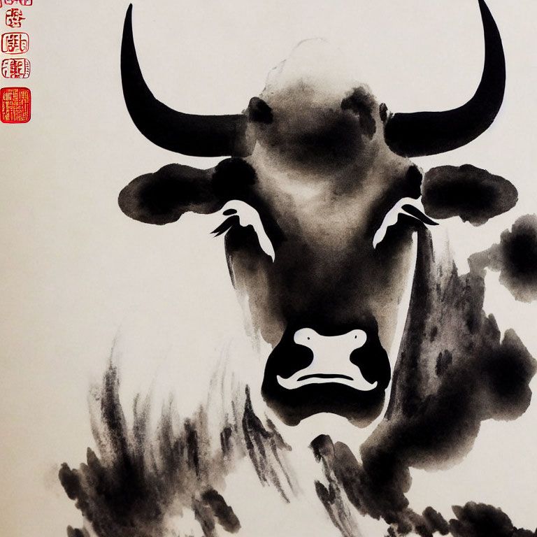 Dynamic Traditional Chinese Ink Painting of Bull with Oriental Seals