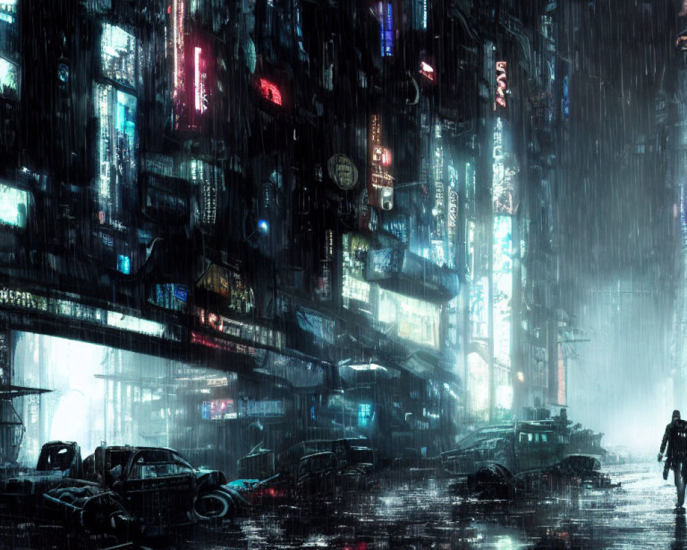 Solitary figure in neon-lit, rain-drenched futuristic cityscape