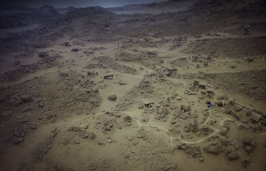 Aerial view of archaeological site with exposed ruins and person in rugged terrain