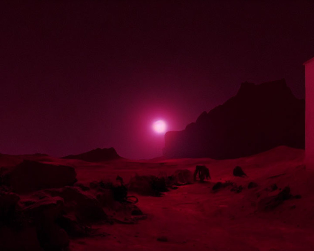 Surreal red-tinted desert landscape with rocky formations and crimson sky.